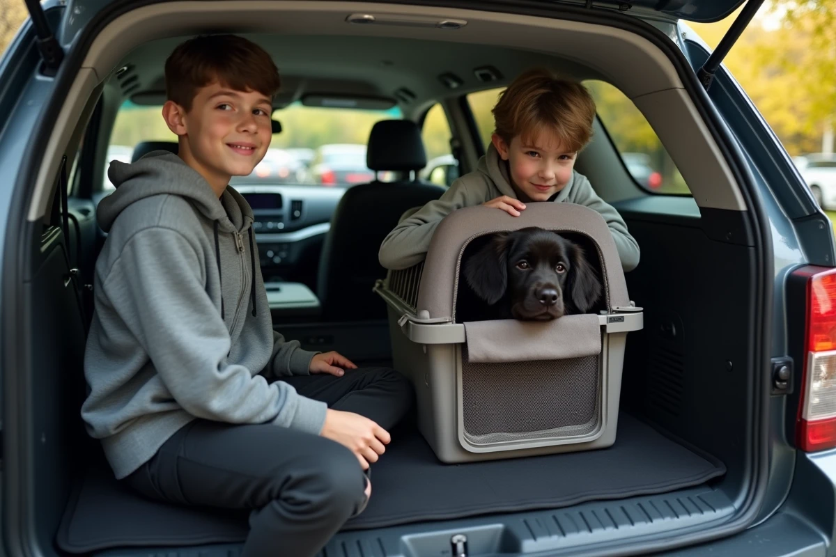 Adolescent vérifie un chiot dans une caisse de voyage à l