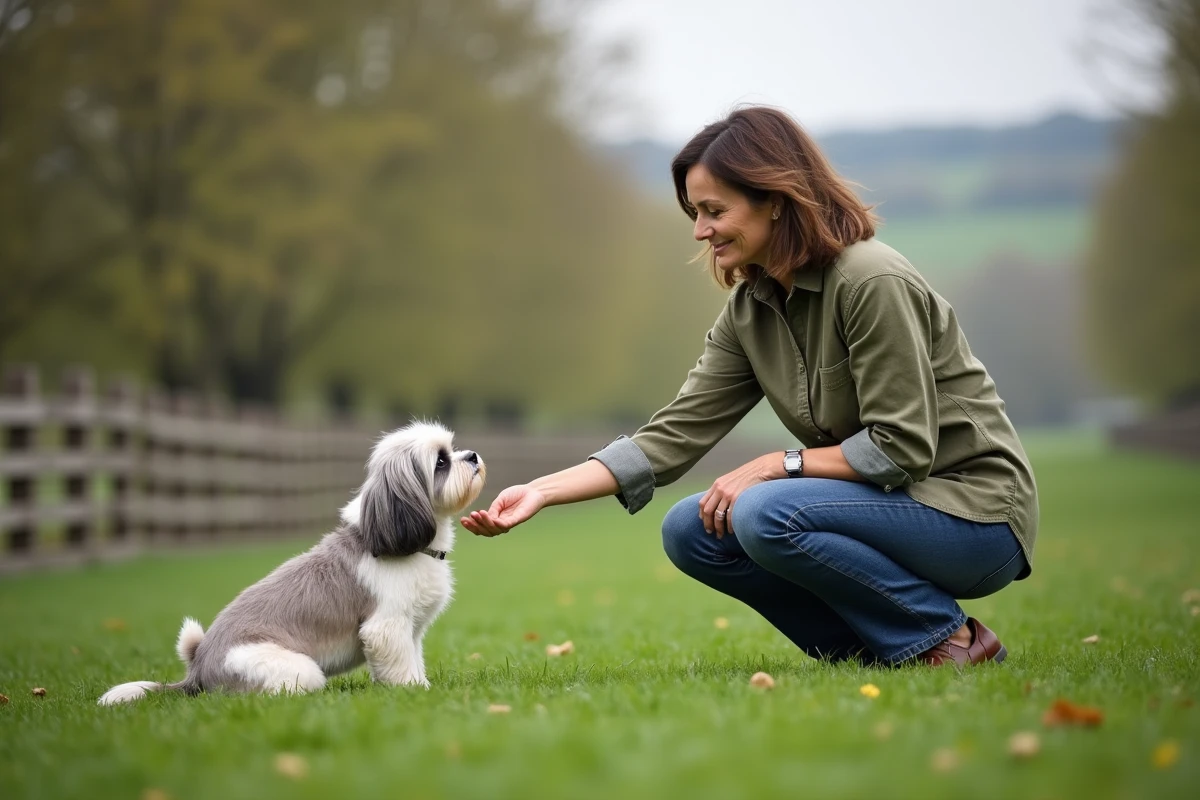 Femme d'une quarantaine d'années rencontrant un petit chien Shih Tzu senior dans un parc près de Langon pour une adoption gratuite