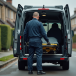 Agent de contrôle animalier en uniforme près d'un van en banlieue