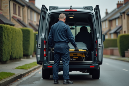 Agent de contrôle animalier en uniforme près d'un van en banlieue