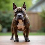 American Bully Exotic de type exotique en plein air, morphologie compacte et musclée avec crâne large et mâchoire proéminente
