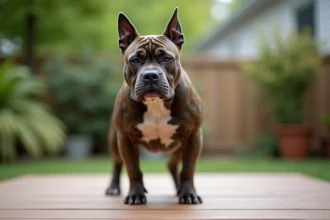 American Bully Exotic de type exotique en plein air, morphologie compacte et musclée avec crâne large et mâchoire proéminente