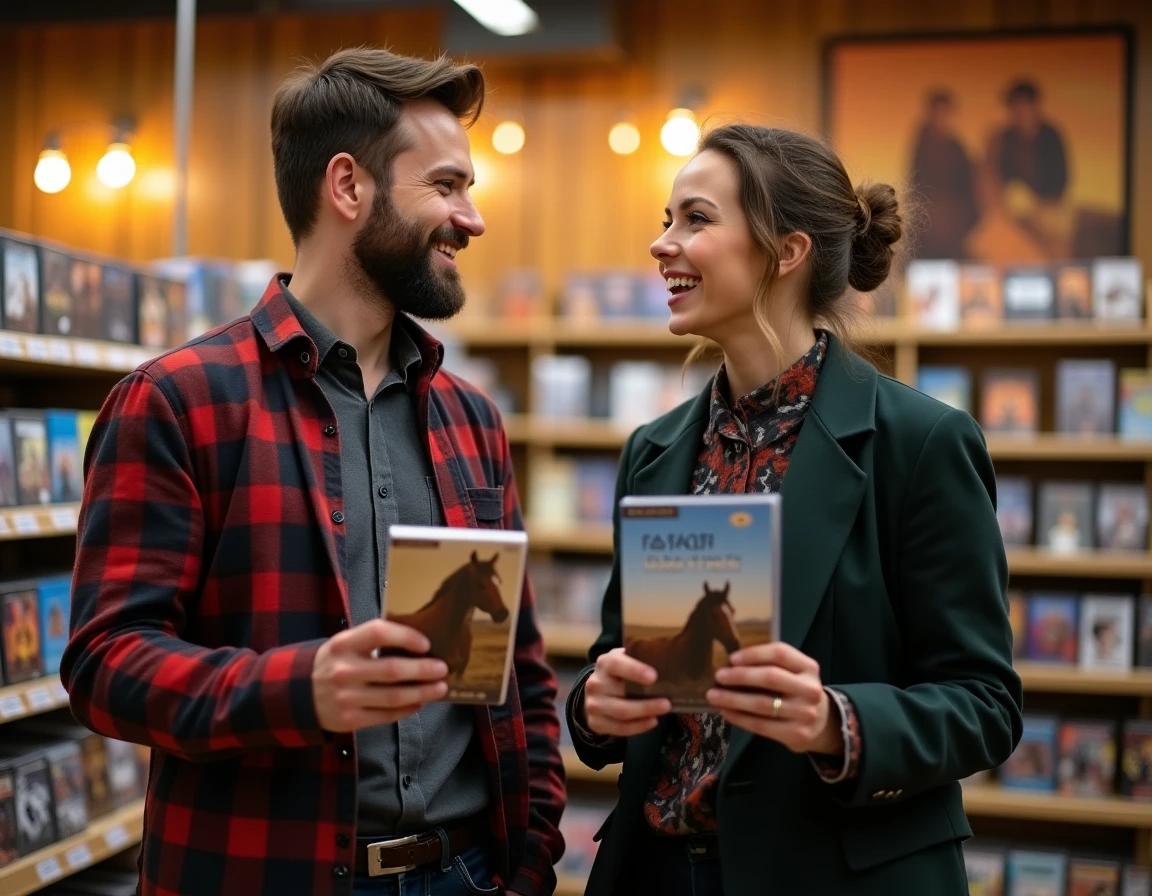 Deux amis discutant du choix d'un film sur les chevaux dans un magasin de DVDs