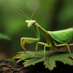 Mante religieuse verte en gros plan sur une feuille de chêne, montrant les détails anatomiques uniques des insectes : exosquelette segmenté, yeux composés et pattes articulées