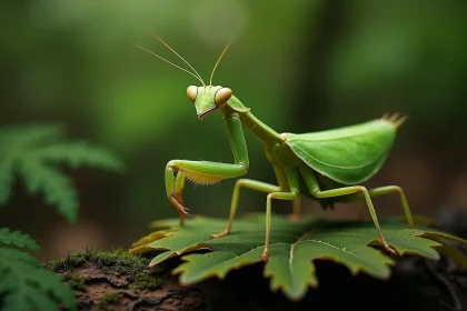 Mante religieuse verte en gros plan sur une feuille de chêne, montrant les détails anatomiques uniques des insectes : exosquelette segmenté, yeux composés et pattes articulées