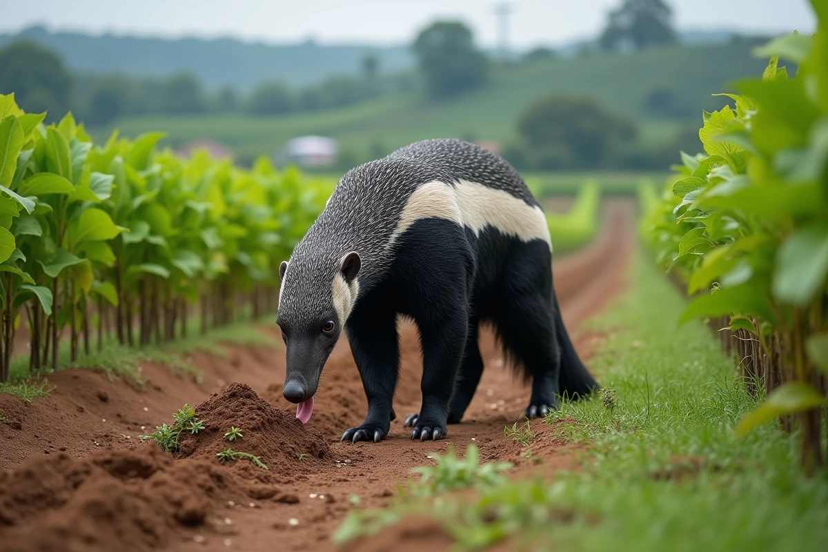 Fourmilier géant dans un champ agricole verdoyant