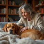 Femme d'âge mûr caressant son vieux chien golden retriever allongé sur un canapé, illustrant l'assurance animaux pour chiens âgés