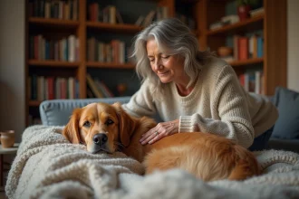 Femme d'âge mûr caressant son vieux chien golden retriever allongé sur un canapé, illustrant l'assurance animaux pour chiens âgés