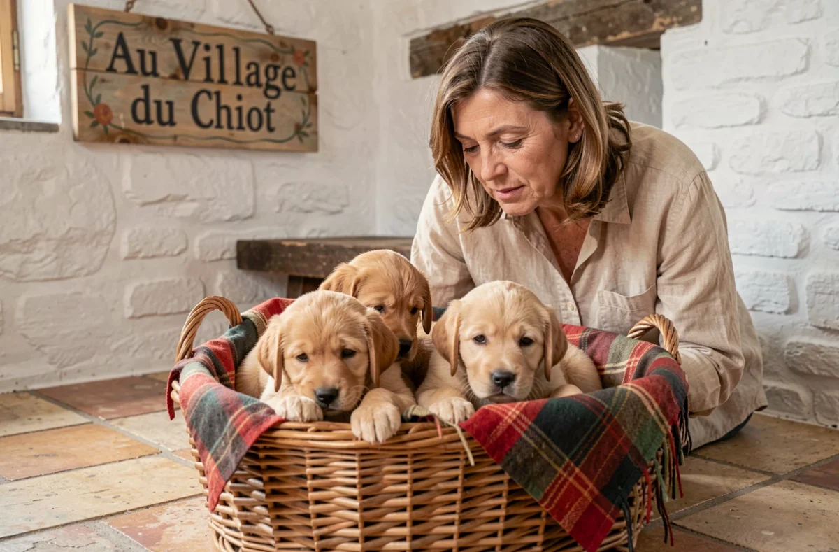Chiots golden retriever dans un panier chez Au Village du Chiot en Centre-Val de Loire