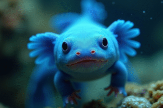 Axolotl bleu nageant en eau douce en gros plan
