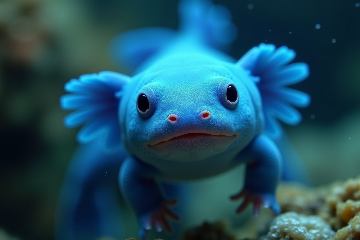 Axolotl bleu nageant en eau douce en gros plan