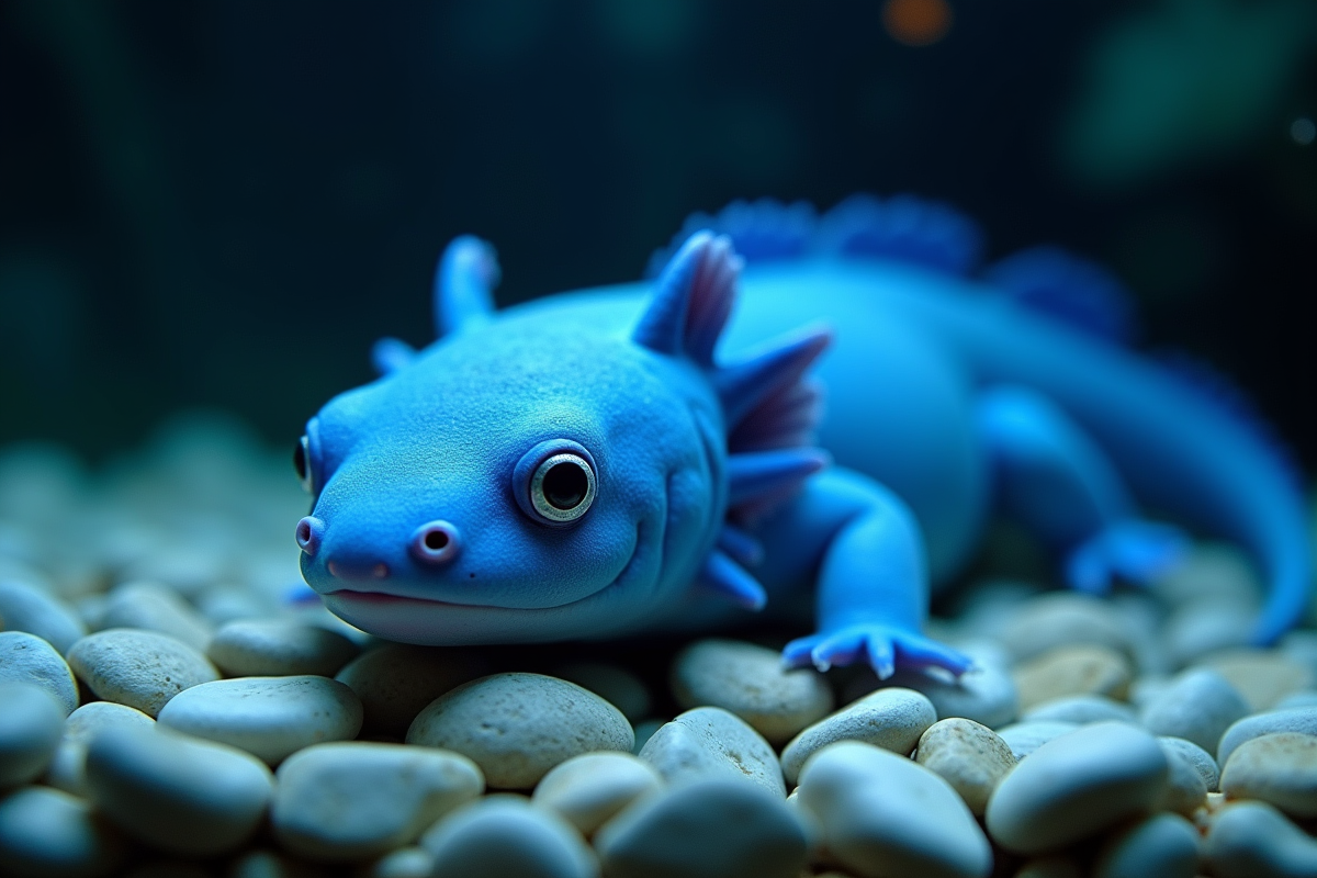 Axolotl bleu reposant sur des roches dans un aquarium