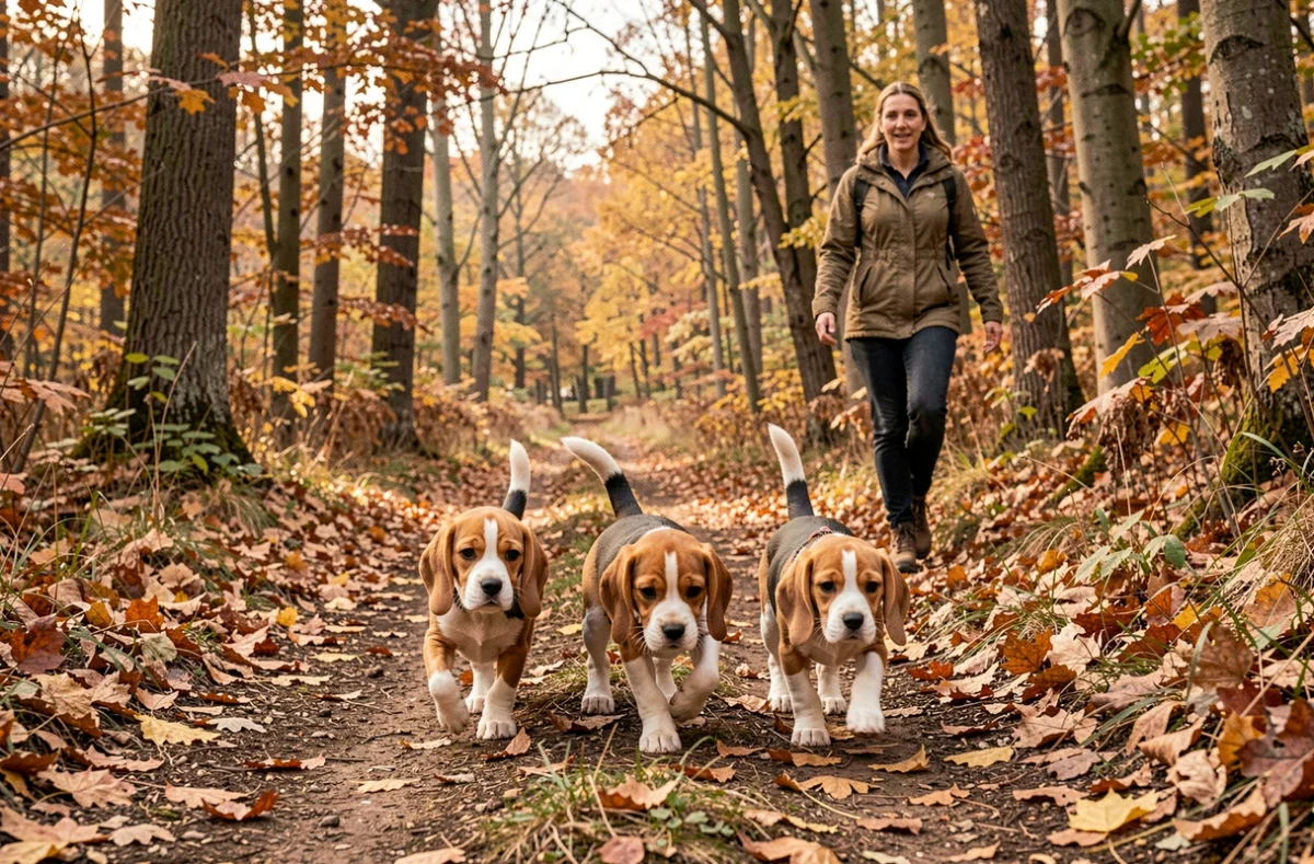 Chiots beagle explorant un sentier en nature pour Beagles Épanouis pour une Vie Pleine d'Aventures