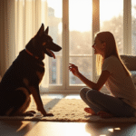 Chien berger allemand noir assis dans un salon lumineux