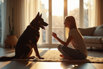 Chien berger allemand noir assis dans un salon lumineux