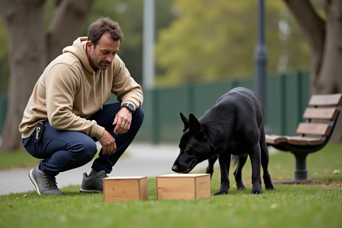 Berger Suisse Noir pratiquant un exercice de pistage olfactif dans un parc urbain