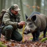 Biologiste en nature mesurant un sanglier sauvage