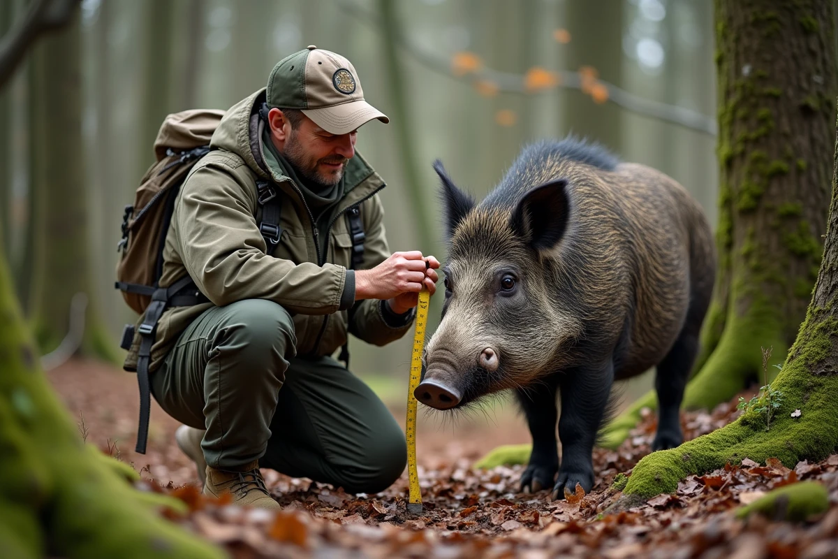 Biologiste en nature mesurant un sanglier sauvage