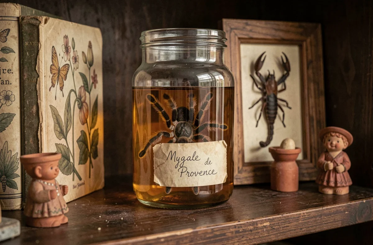 Bocal naturaliste en verre contenant une mygale de Provence préservée avec étiquette manuscrite ancienne dans un cabinet de curiosités provençal