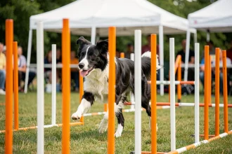 Border Collie poil ras en pleine course d'agility sur un terrain de compétition extérieur, entre des poteaux orange et blancs