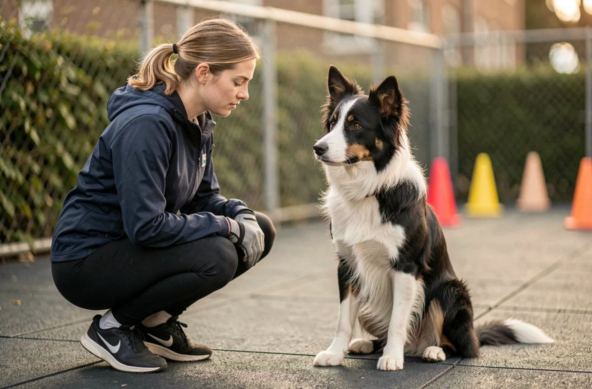 Jeune femme éducatrice canine en séance d'entraînement avec un Border Collie poil ras lors d'un exercice d'obéissance en club