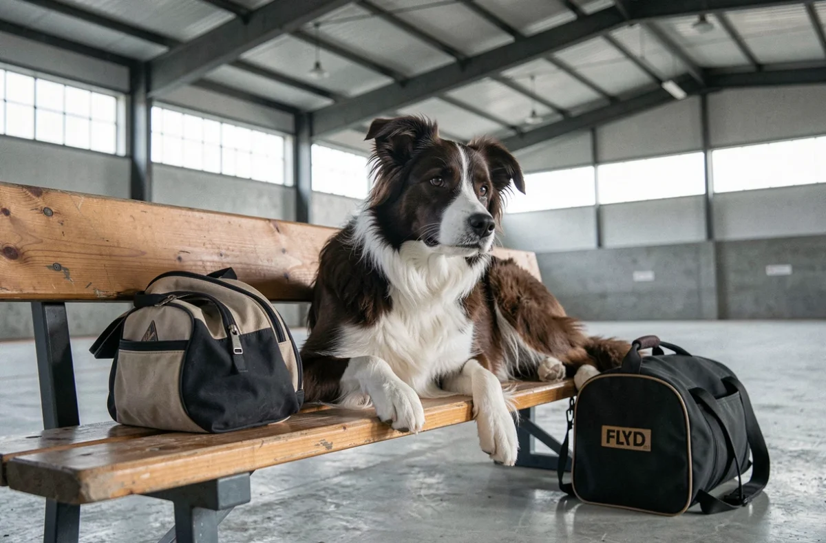 Border Collie poil ras au repos sur un banc en salle de sport après un entraînement de flyball, équipement canin visible au premier plan