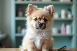 Bouledogue français à poils longs examiné dans une clinique vétérinaire, mettant en lumière les enjeux de santé liés à la sélection génétique