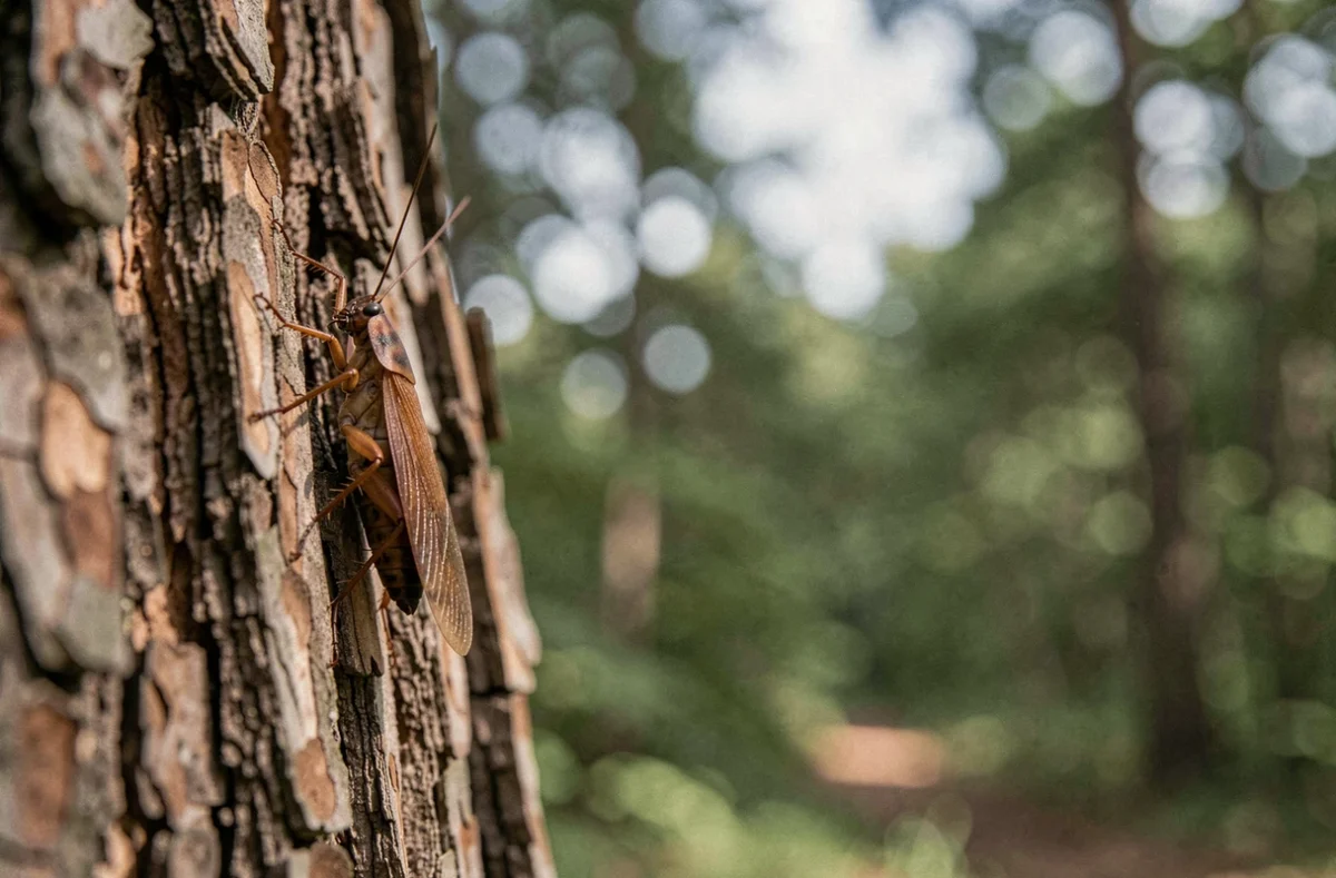 Un cafard des bois posé sur de l'écorce d'arbre en milieu naturel, illustrant un sosie inoffensif du cafard domestique