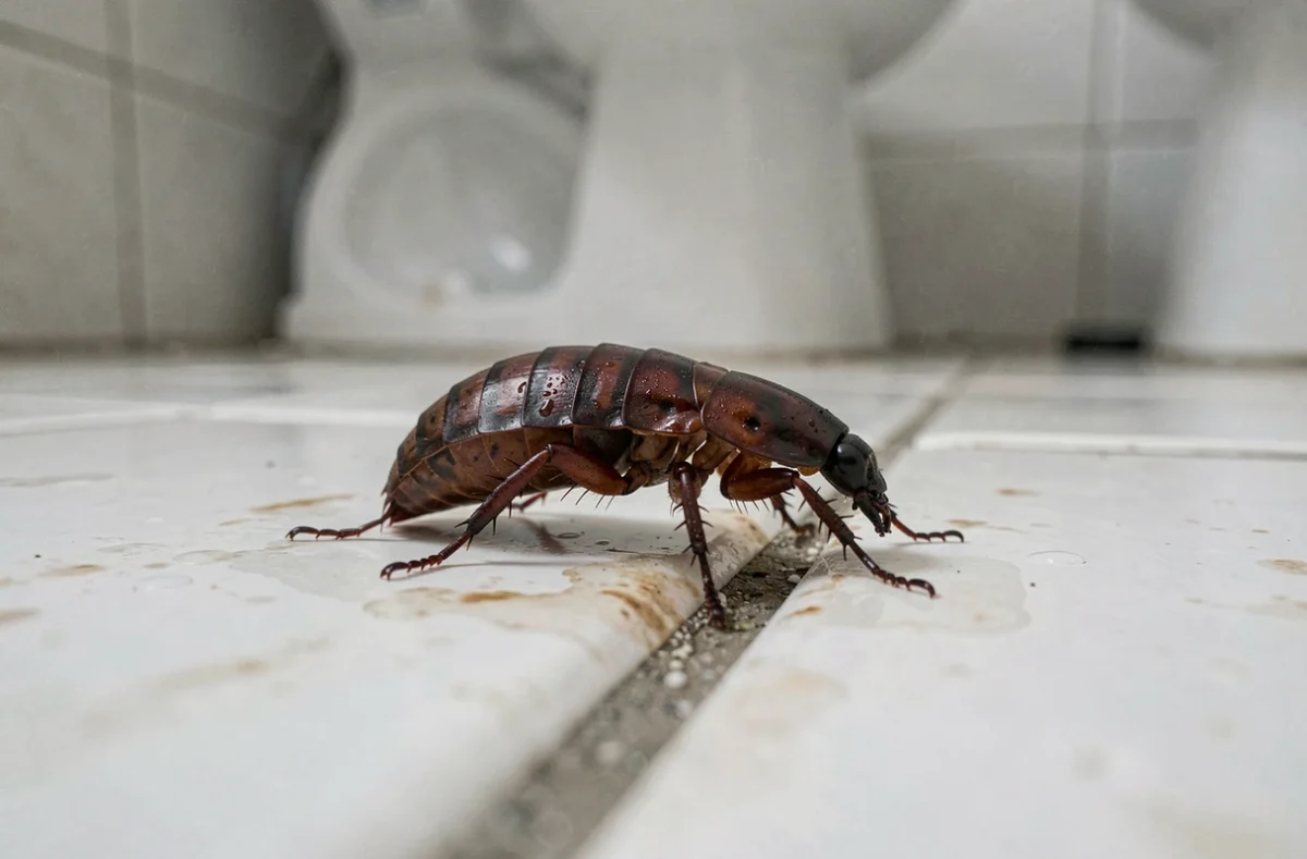 Un cafard oriental rampant sur le carrelage humide d'une salle de bain domestique, vue au ras du sol