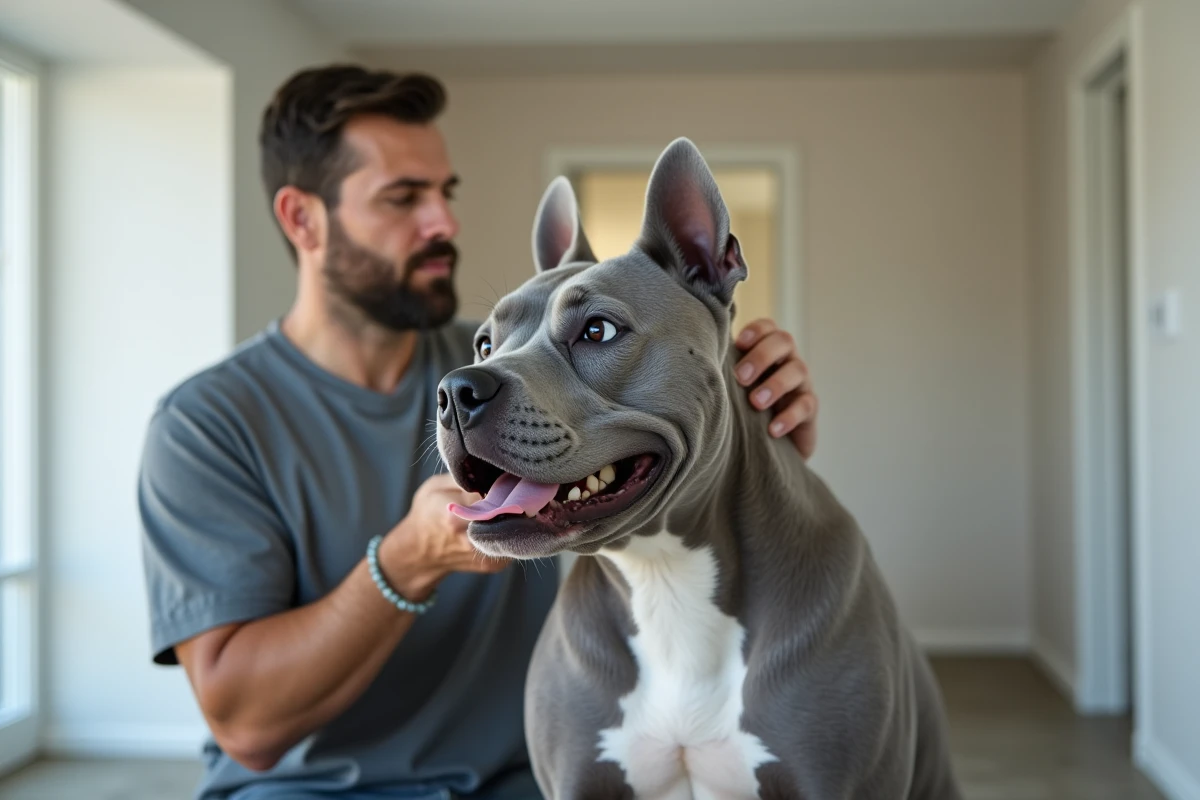 Propriétaire examinant les traits caractéristiques d'un American Bully Exotic, mâchoire proéminente et stop prononcé bien visibles