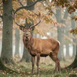 Cerf élaphe mâle en forêt avec ses grands bois ramifiés, permettant de le distinguer du chevreuil