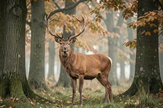 Cerf élaphe mâle en forêt avec ses grands bois ramifiés, permettant de le distinguer du chevreuil