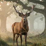 Cerf majestueux en lisière de forêt brumeuse au lever du jour, symbolisant la force spirituelle et la douceur