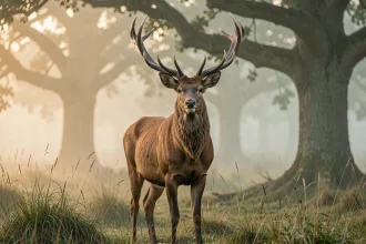 Cerf majestueux en lisière de forêt brumeuse au lever du jour, symbolisant la force spirituelle et la douceur
