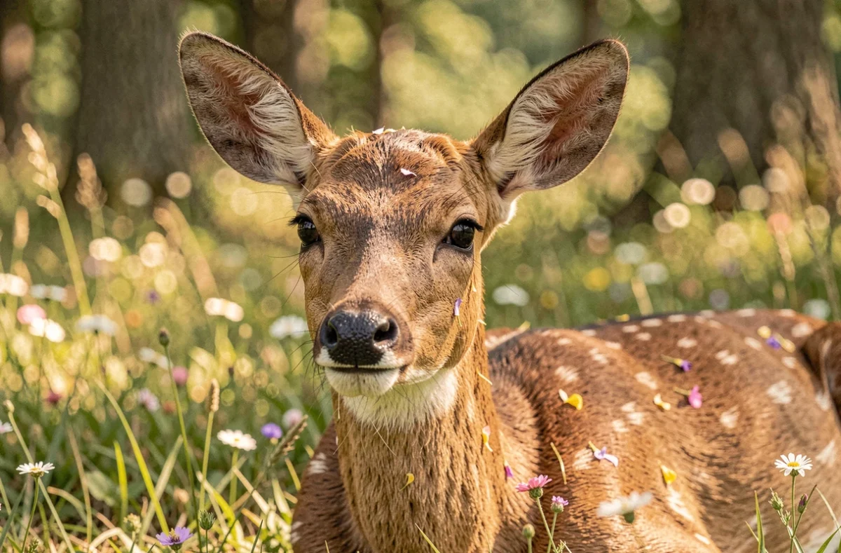 Portrait rapproché d'une biche au repos dans une prairie fleurie, regard paisible évoquant douceur et protection spirituelle
