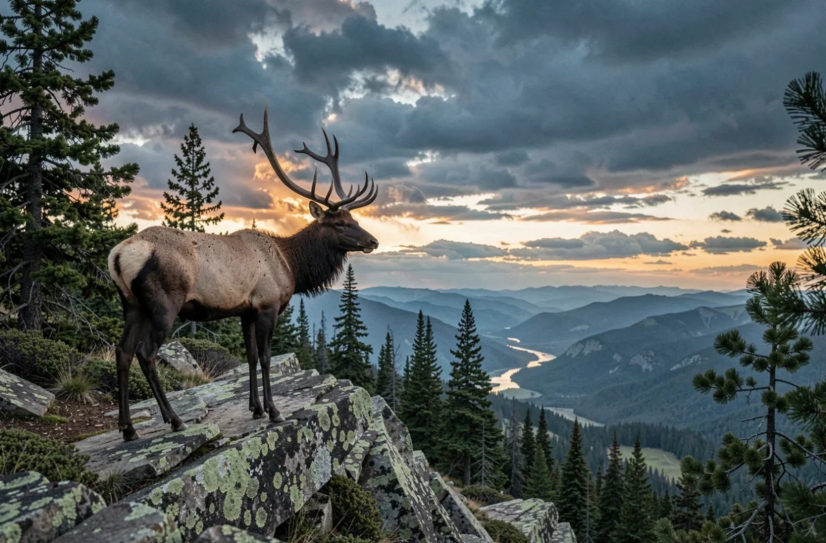 Élan solitaire sur une crête montagneuse au crépuscule, symbole de force spirituelle et de protection dans la nature sauvage