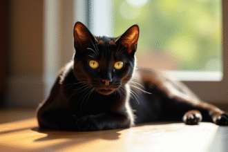 Chat bengal noir allongé sur un sol en bois ensoleille