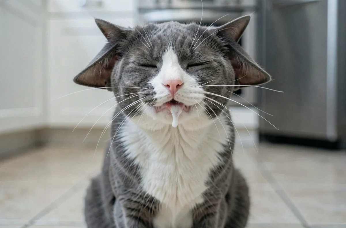 Chat gris et blanc faisant des bruits de gorge sur carrelage de cuisine, expression de malaise félin