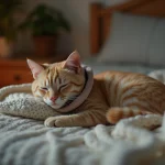 Chat adulte portant une collerette douce allongé sur une couverture tricotée dans une chambre calme la nuit