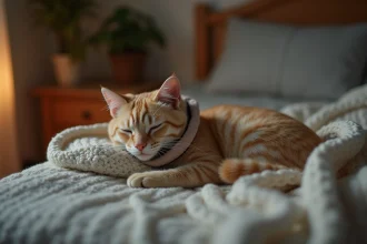 Chat adulte portant une collerette douce allongé sur une couverture tricotée dans une chambre calme la nuit
