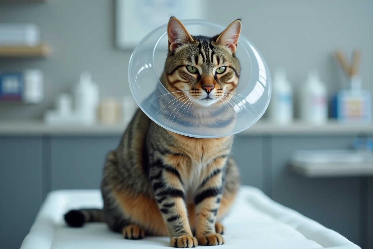 Chat tigré portant une collerette transparente assis sur une table vétérinaire dans un cabinet médical calme