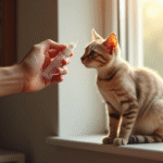 Chat domestique sur la fenêtre avec traitement antipuce