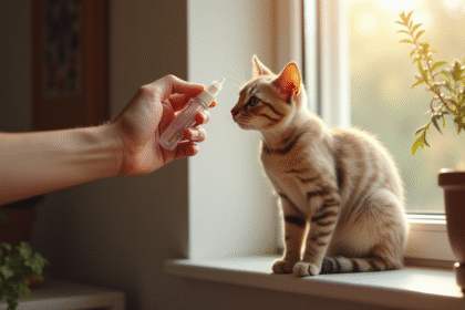 Chat domestique sur la fenêtre avec traitement antipuce