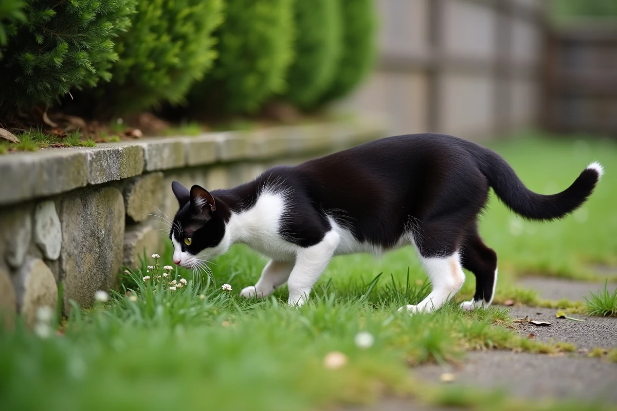 Chat noir et blanc explorant un jardin extérieur parmi des fleurs sauvages, bien-être du chat vivant en extérieur