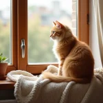 Chat roux tigré assis sur le rebord d'une fenêtre intérieure observant le jardin extérieur, conseils bien-être chat d'intérieur