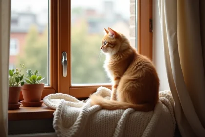 Chat roux tigré assis sur le rebord d'une fenêtre intérieure observant le jardin extérieur, conseils bien-être chat d'intérieur