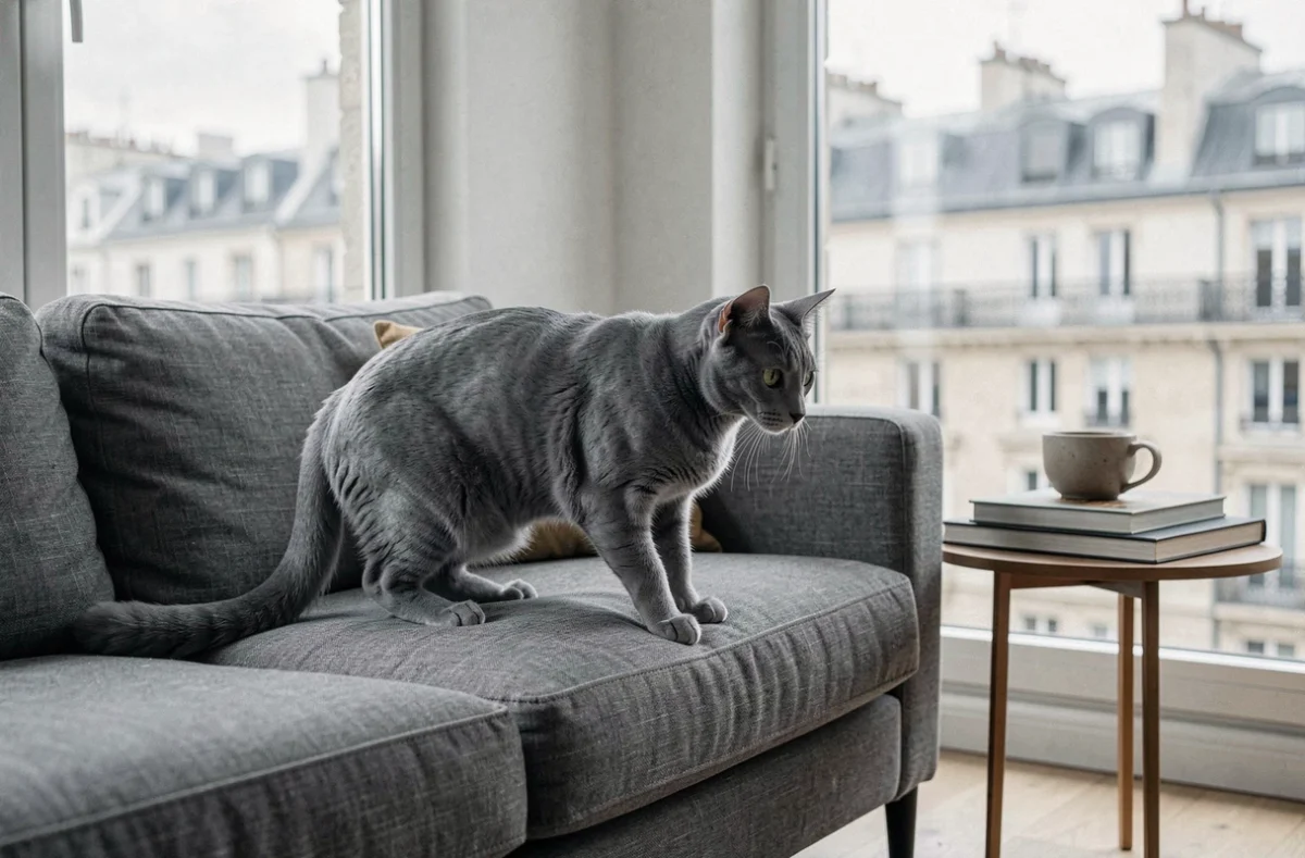 Chat Korat dans un appartement parisien moderne, représentant le marché du chat Korat et son prix selon les régions françaises