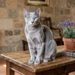 Chat Korat aux yeux verts assis sur une table en bois dans une maison de campagne française, illustrant le prix du Korat en France