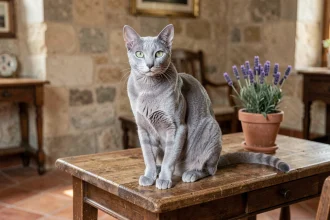 Chat Korat aux yeux verts assis sur une table en bois dans une maison de campagne française, illustrant le prix du Korat en France