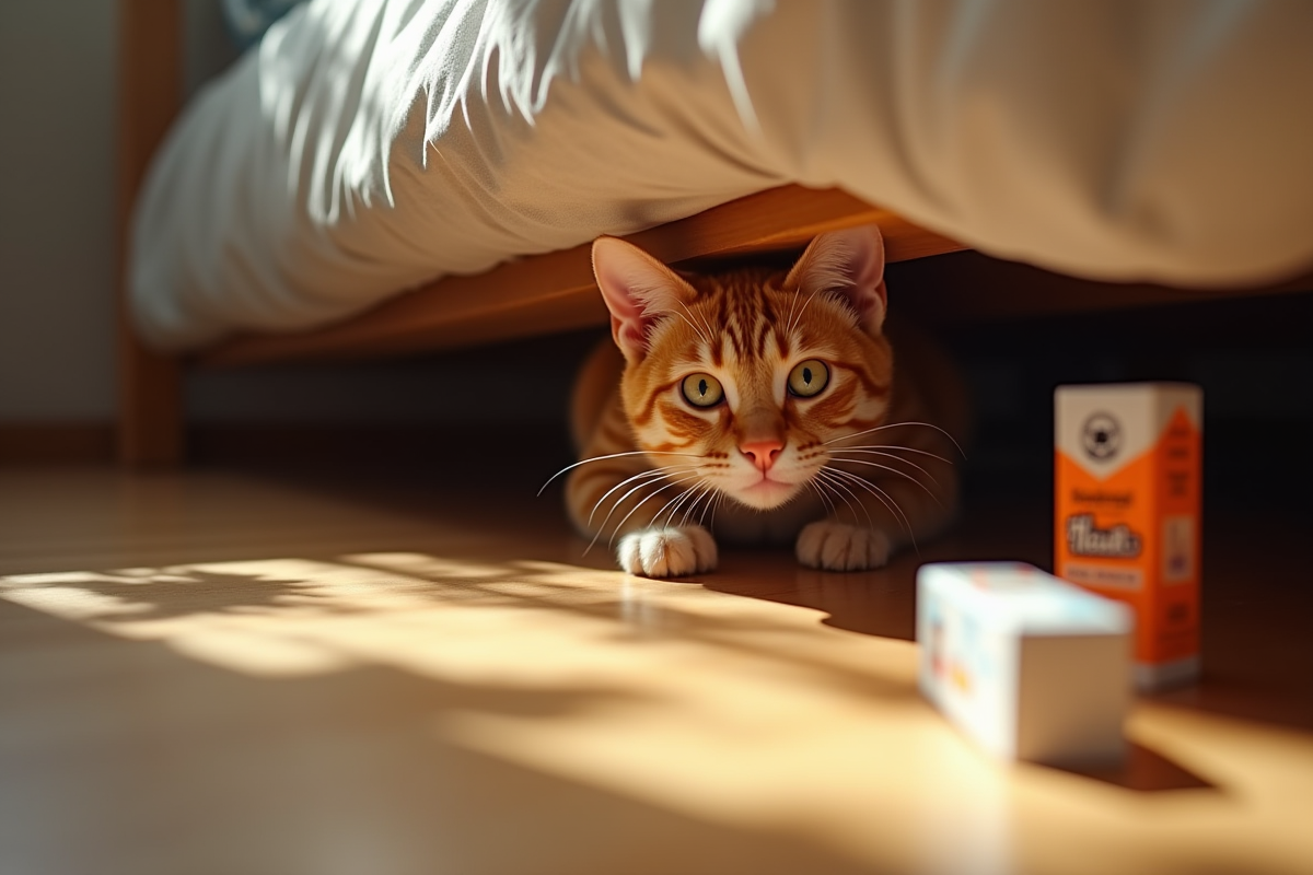 Chat orange caché sous le lit avec traitement antipuce